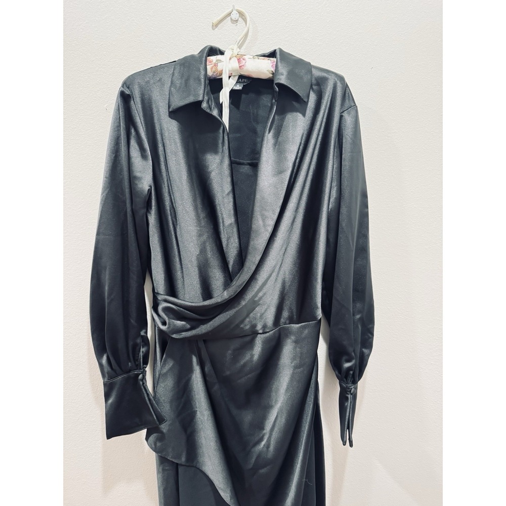Xscape Black Satin Shirtdress Gown Size 8 Long Sleeve Formal $288 NEW Wedding - Picture 4 of 8